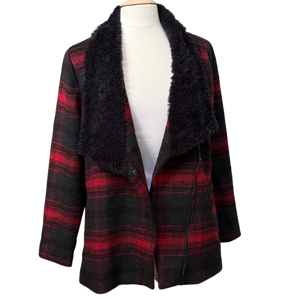 Jack BB Dakoda Rydell Buffalo Wool Blend Plaid Black Red Jacket Faux Collar Med - Picture 5 of 14